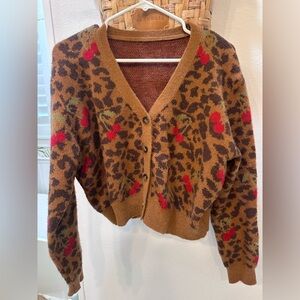 Cider Brown Leopard Print Cardigan with Red Cherry Accents